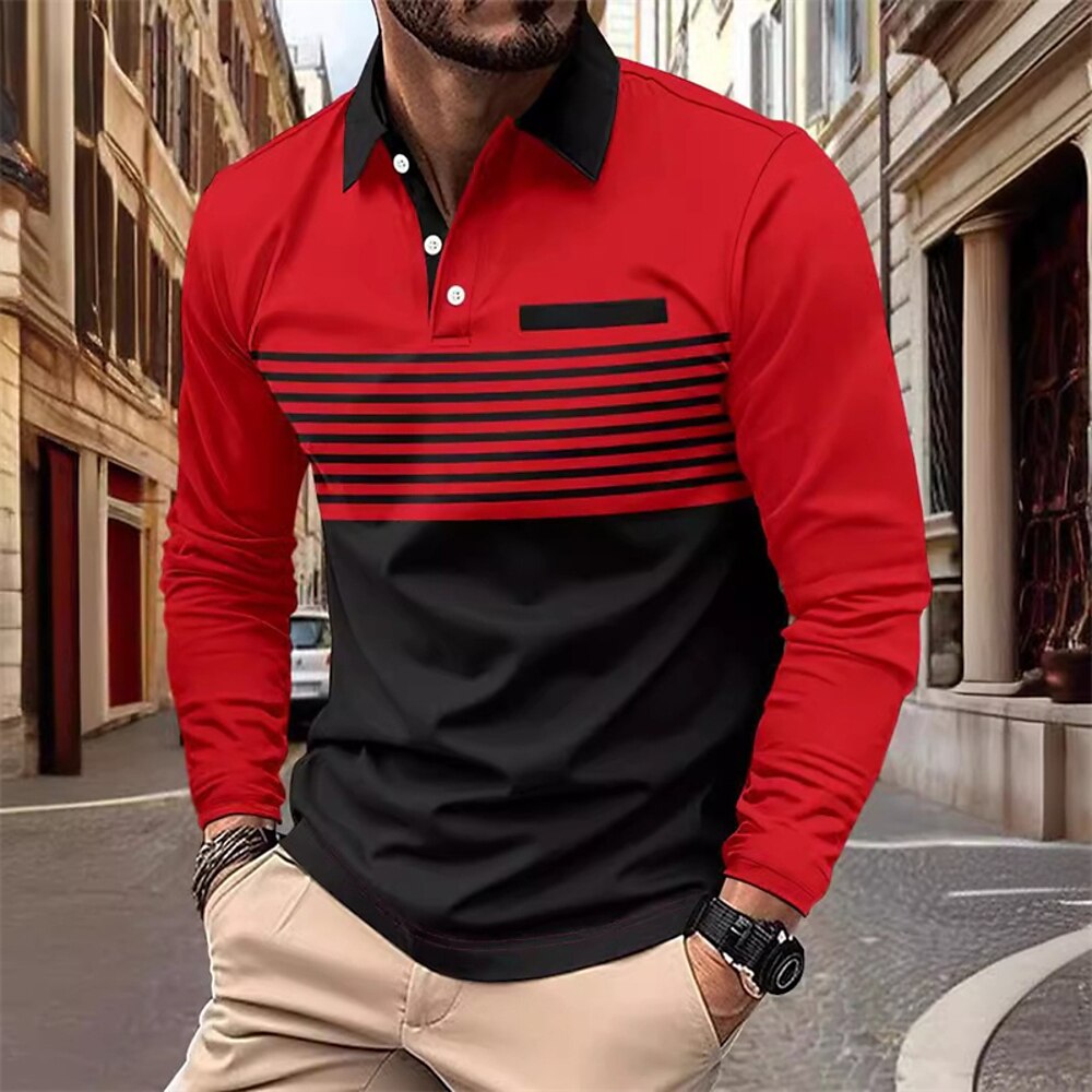 Herren Golfhemd Golfpolo Arbeit Casual Kargen Langarm Basic Modern Streifen Taste Tasche Frühling Herbst Regular Fit Kürbis Rosa Rote Grün Khaki Grau Golfhemd Lightinthebox