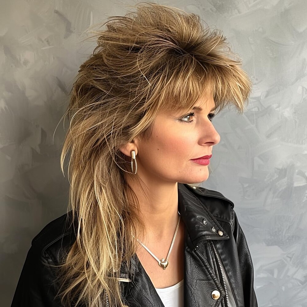 braune Vokuhila-Perücken für Frauen, Tina-Rock-Diva-Perücke, 70er-80er-Rocker-Perücke, Shaggy-Perücke, Punk-Perückenkappe für Karnevalskostüm-Party-Cosplay Lightinthebox