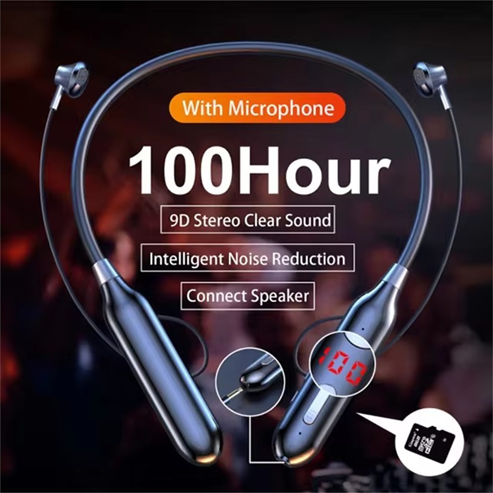 100 Stunden Musik, kabelloser Bluetooth-Kopfhörer, 9D starker Bass, In-Ear-Sport-Headset mit Nackenbügel und Ausgangsmikrofon Lightinthebox