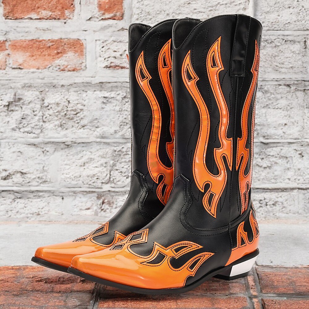 Schwarze und orange Western-Cowboystiefel für Herren mit halbhoher Sohle - kräftiges Flammendesign mit Hochglanzoberfläche für Rodeo und Mode Lightinthebox