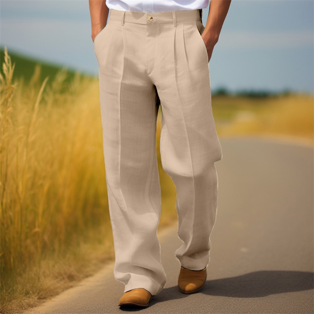 Herren Anzughosen Leinenhose Hose Hosen Sommerhosen Faltenhose Vordertasche Gerade geschnitten Glatt Komfort Atmungsaktiv In voller Länge Casual Täglich Festtage Modisch Strassenmode Schwarz Weiß Lightinthebox