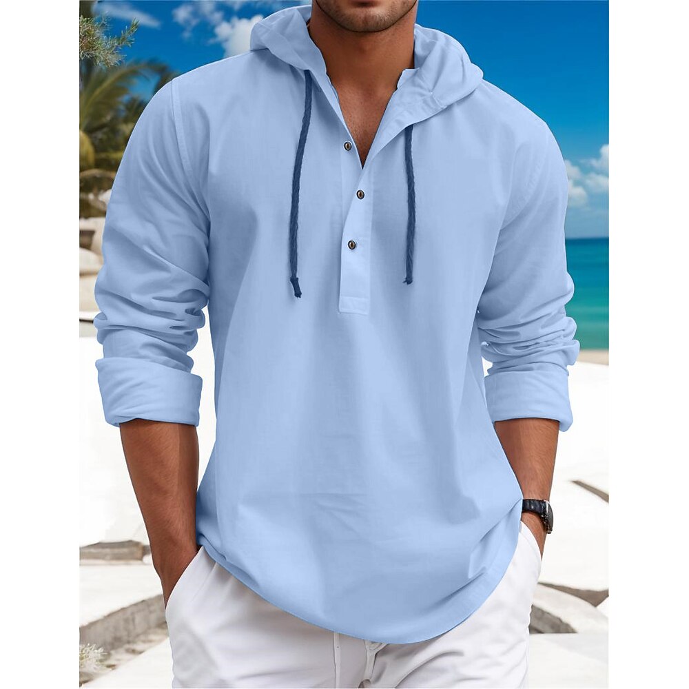 Herren Hemd leinenhemd Calico-Hemd Sommerhemd Strandbekleidung Glatt Urlaub Curise Weiß Blau Braun Grün Langarm Mit Kapuze Frühling Sommer Bekleidung Lightinthebox