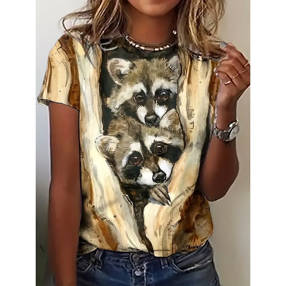 Damen T-Shirt Casual Print Kurzarm Normal Oberteile Alltag Hellbraun Sommer Kleiner Waschbär Lightinthebox