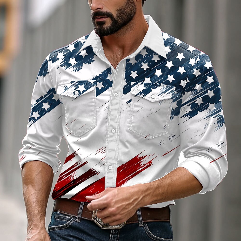 Herren Amerikanische US-Flagge Cowboy Knopfhemd Langarm Brautkleider schlicht Formal Täglich Festtage Herbst Winter Frühling Sommer Hemden mit Kragen Knopf hoch Tasche 3D-Druck Weiß Lightinthebox