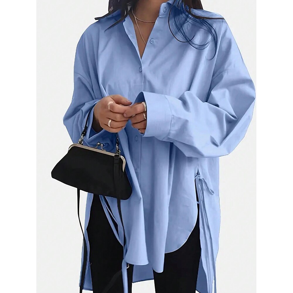 Damen Bluse Baumwollmischung Feste Farbe Taste Asymmetrischer Saum Arbeit Stilvoll Modern Langarm Hemdkragen Schwarz Frühling Herbst Lightinthebox