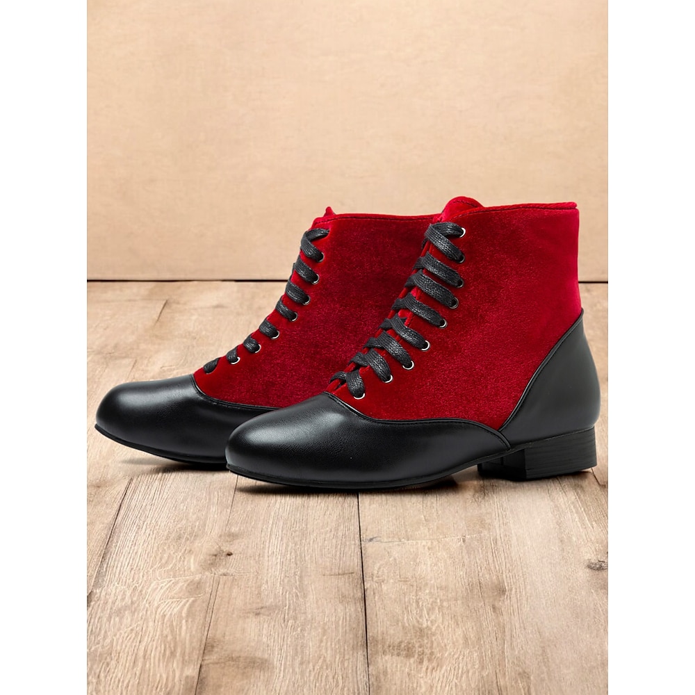 rote und schwarze Schnürstiefeletten für Damen im viktorianischen Stil mit Kontrast aus Wildleder und Leder - Schuhe mit flachem Absatz im Vintage-Stil für Cosplay und formelle Anlässe Lightinthebox