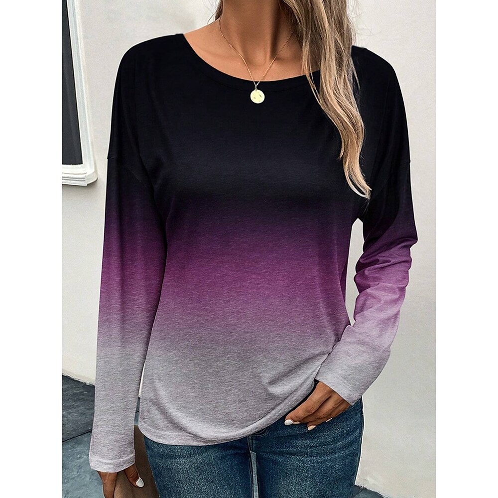 Damen T Shirt Farbverläufe Modisch Brautkleider schlicht Langarm Rundhalsausschnitt Normale Oberteile Täglich Wochenende Bedruckt Rote Blau Purpur Grau Frühling Herbst Lightinthebox