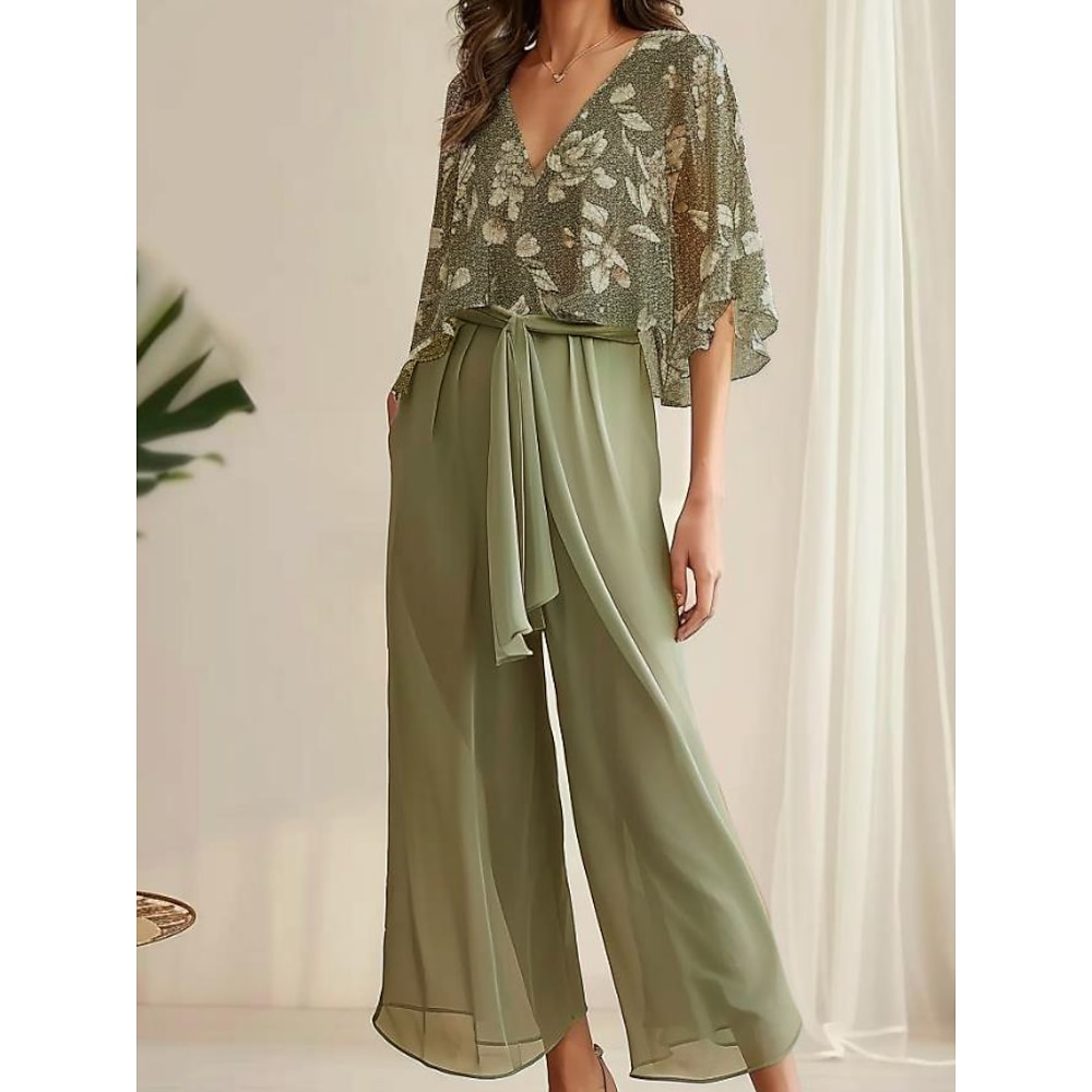 Damen Elegant Bluse Hose mit weitem Bein Halbe Ärmel V Ausschnitt Blumen Schleife Arbeitskleidung Freizeitskleidung Grün Sommer Lockere Passform Lightinthebox