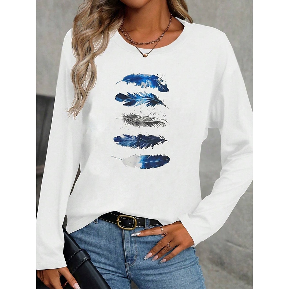 Damen T Shirt Feder Brautkleider schlicht Langarm Rundhalsausschnitt Normale Oberteile Täglich Bedruckt Weiß Frühling Herbst Lightinthebox