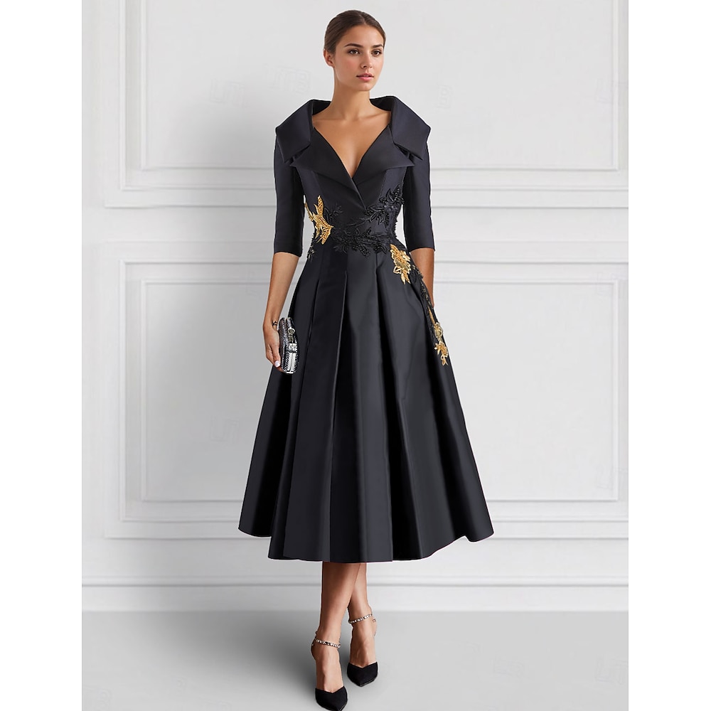Schwarz Lila Bestickte A-Linie Cocktailkleider Smoking Kleid Mutter der Braut Elegant Formal Knöchellang 3/4 Länge Ärmel Hemdkragen Tasche Satin mit Applikationen 2025 Lightinthebox