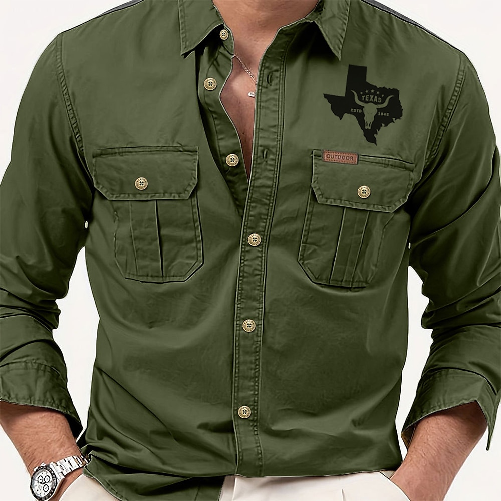 Herren Texas Kuh-Druck Hemd Westernhemd Cargo-Shirt Langarm Brautkleider schlicht Taktisch Sport Natur Ausgehen Winter Frühling Herbst Umlegekragen Bedruckt Schwarz Armeegrün Khaki Beige Lightinthebox