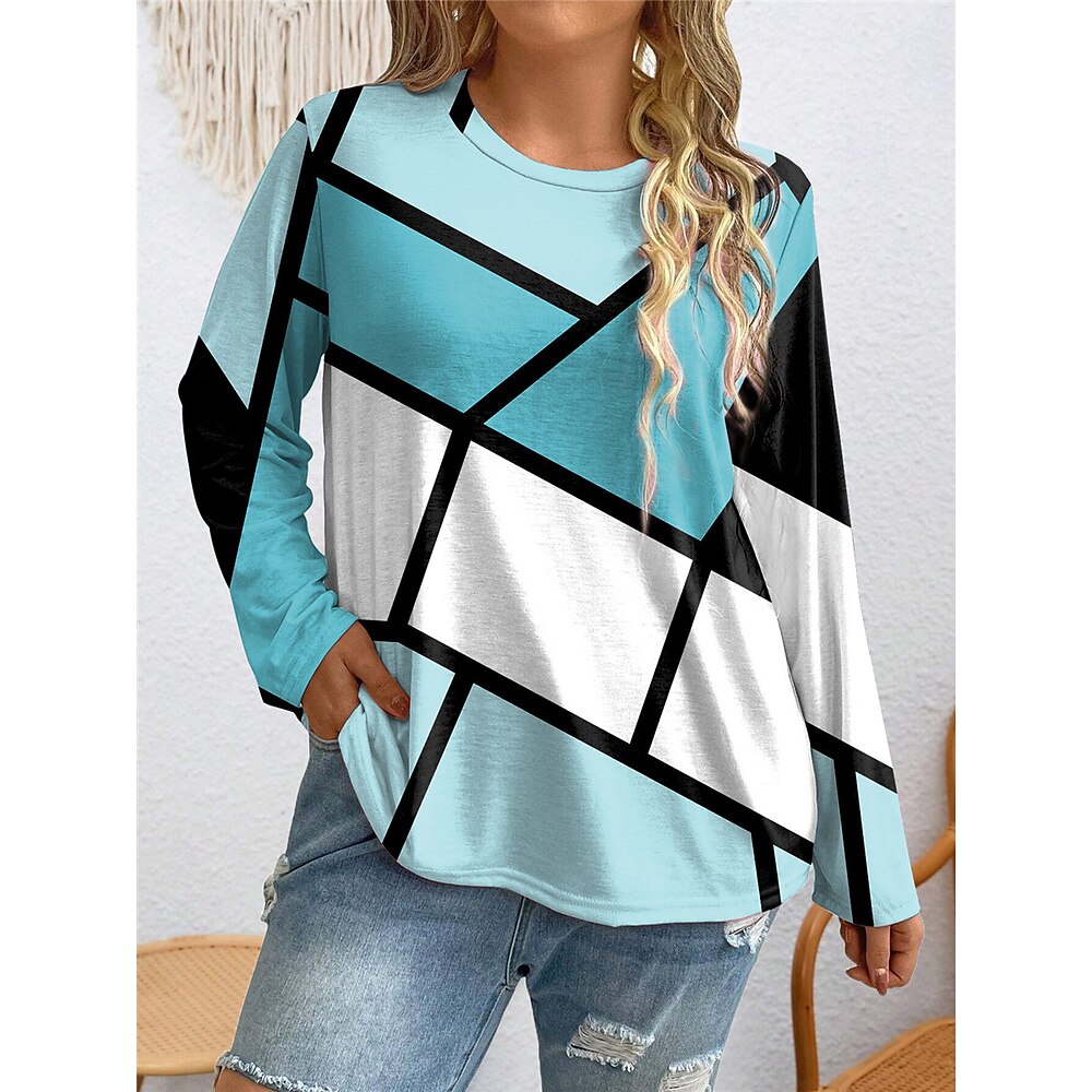 Damen-T-Shirt in Übergröße mit geometrischem Aufdruck, langärmelig, Rundhalsausschnitt, lässig, für den Alltag, Herbst/Winter, Rosa/Blau Lightinthebox