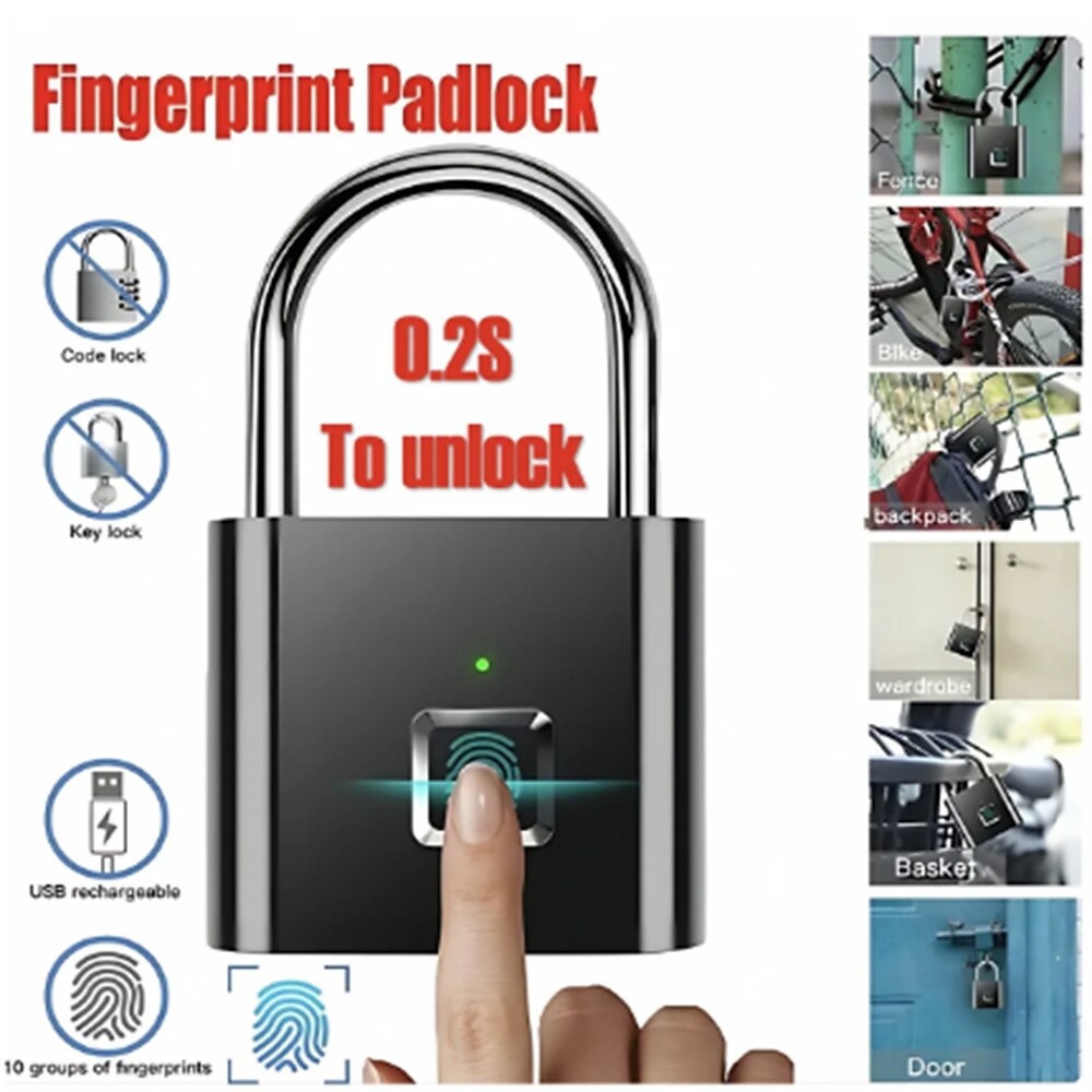 Fingerabdruckschloss, schlüsselloses, wasserdichtes, diebstahlsicheres Smart Lock, Fingerabdruck-Vorhängeschloss, Zinklegierung, intelligentes elektronisches Sicherheitstürschloss Lightinthebox