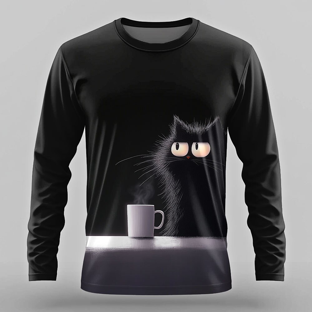 Halloween Herren Katze Lustig T Shirt Langarm T-Shirt 3D-Druck Rundhalsausschnitt Hemd Designer Retro Vintage Strasse Casual Täglich Schwarz 1 Schwarz 3 Schwarz 2 Sommer Frühling Herbst Bekleidung S Lightinthebox