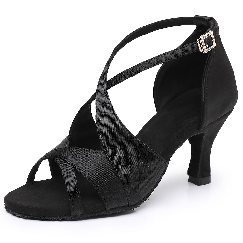 Schwarze Tanzschuhe für Damen aus Satin mit gekreuzten Riemen und offener Spitze, perfekte Absätze für lateinamerikanischen Tanz und Salsa-Tanz Lightinthebox