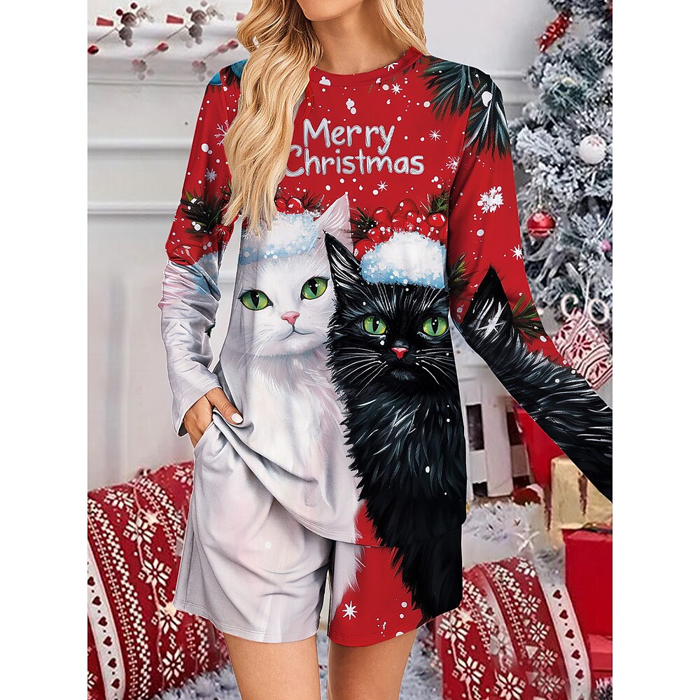 Weihnachts-Sweatshirt für Damen, langärmelig, mit Katzen-Print, lässiges, festliches Oberteil, rot-weiß, gemütlicher Winterpullover, Rundhalsausschnitt, Weihnachtsmannmütze-Muster Lightinthebox