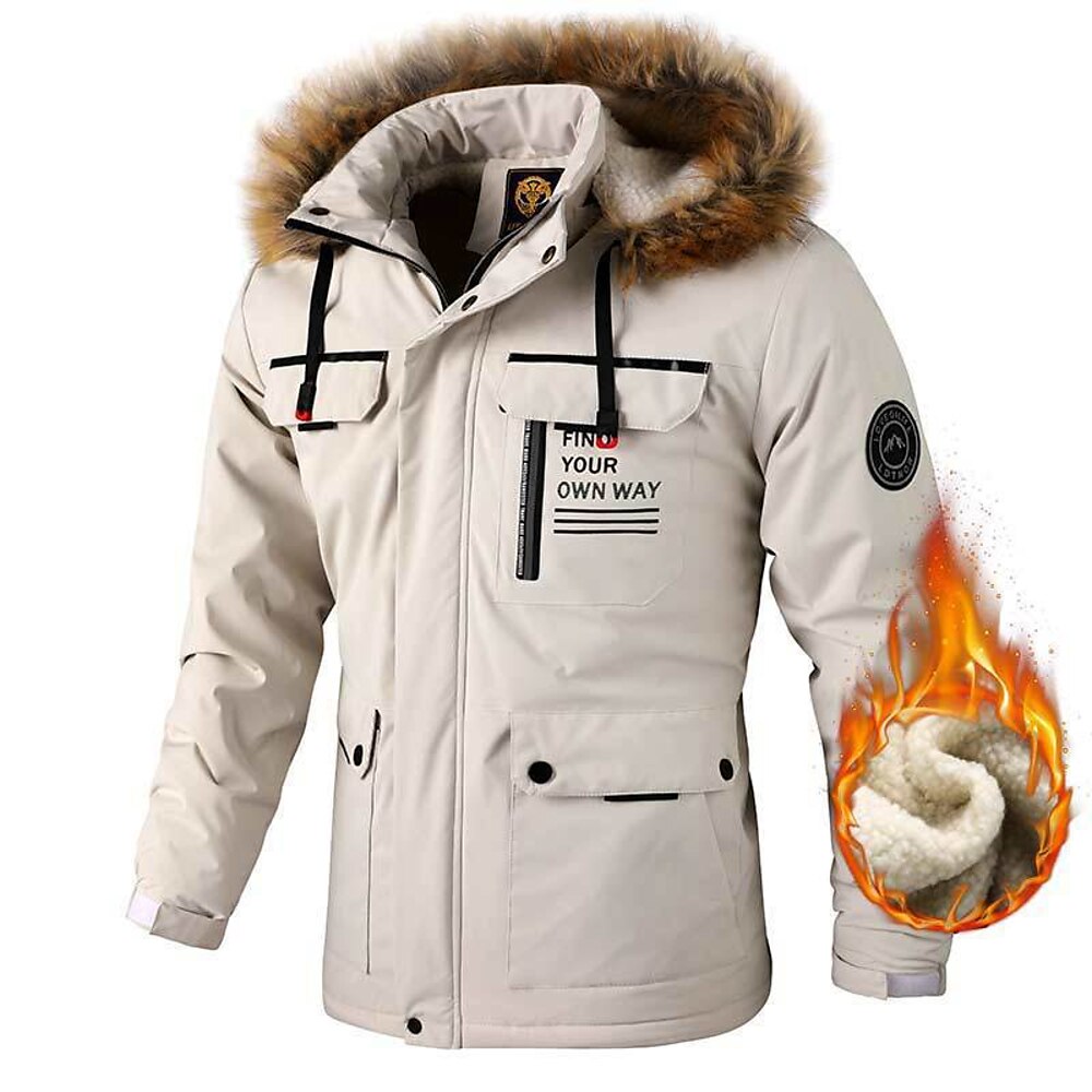 Herren Winterjacke Fleecejacke Kapuzenjacke Wanderjacke Sports Outdoor Campen und Wandern Wasserdicht Windbreaker Pelzkragen Abnehmbare Kapuze Herbst Winter Feste Farbe Aktiv Mit Kapuze Standard Lightinthebox