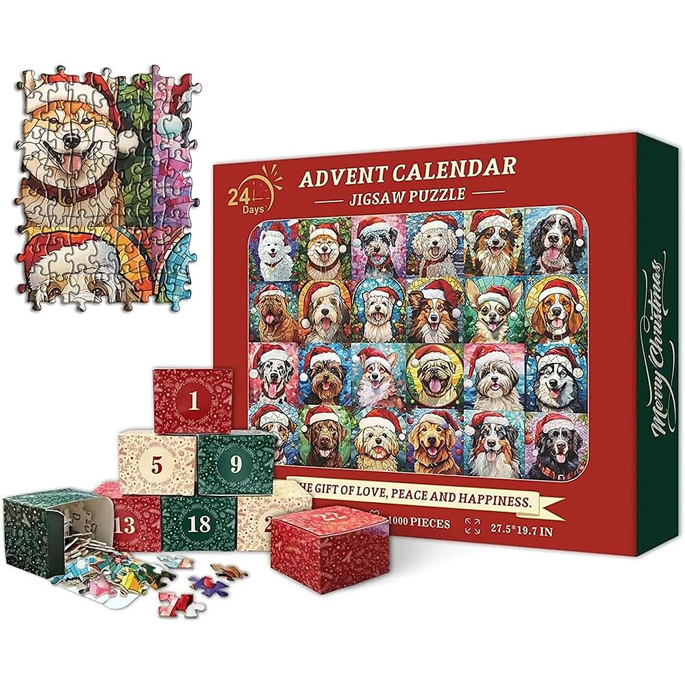 Weihnachts-Adventskalender 2024, Hund/Katze, 1000-teiliges Puzzle, 24-Tage-Countdown-Kalender, Weihnachtsgeschenk, lustige Hunde-Ferienpuzzles, Feiertagspuzzles für Hunde-/Katzenliebhaber Lightinthebox