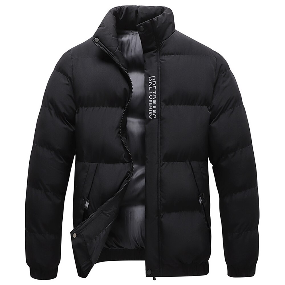 Herren Winterjacke puffer jacket Gepolstert Zip Tasche Polyester Tasche Outdoor Verabredung Casual Standard Modisch Brautkleider schlicht warm Windundurchlässig Winter Glatt Schwarz Marinenblau Lightinthebox