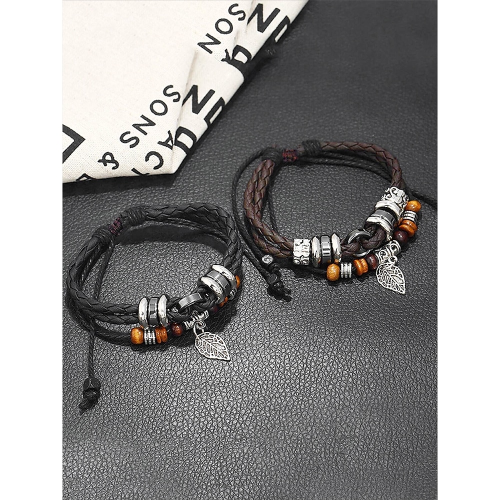 Herren-Charm-Armbänder aus Vintage-Kunstleder mit Holzperlen und Blattsilber-Anhängern - handgefertigte Armbänder im Bohemian-Stil für die Freizeit Lightinthebox