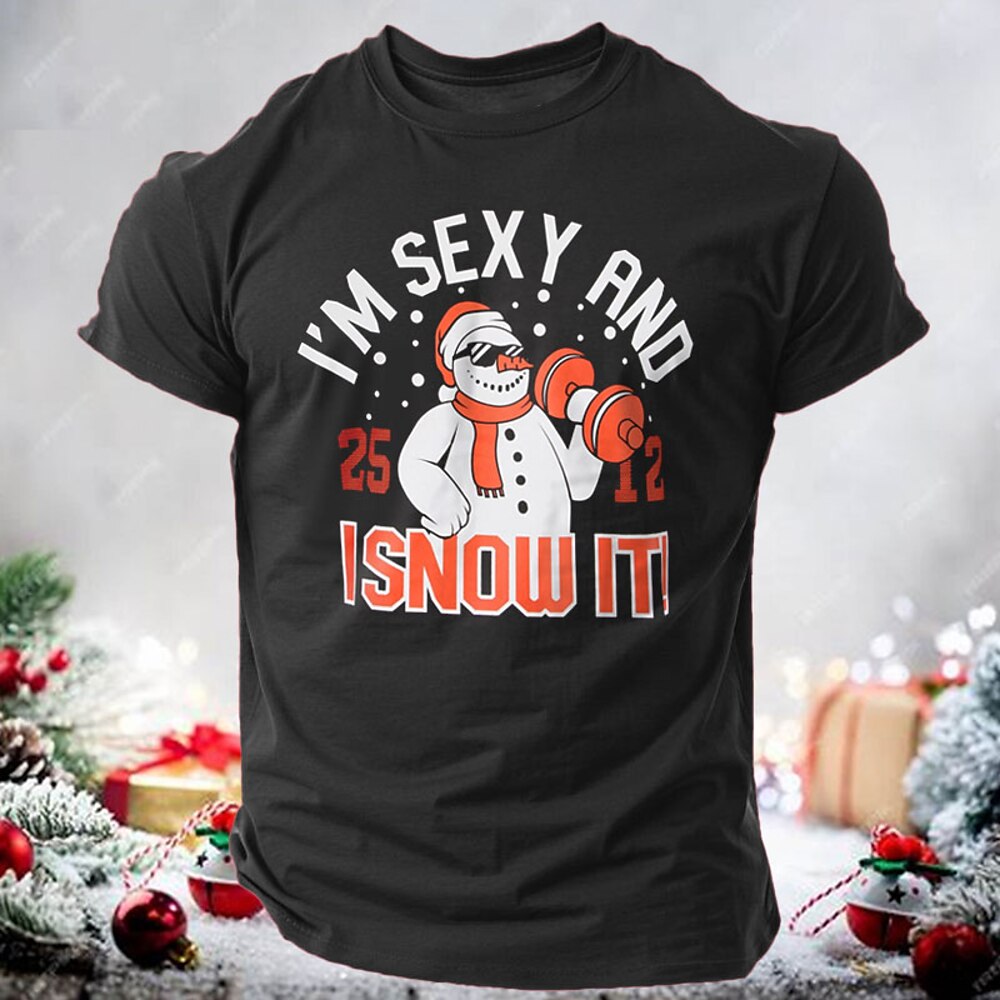 Weihnachts-T-Shirt für Herren, lustiges Weihnachts-T-Shirt mit Schneemann-Buchstabenaufdruck, schwarz, rot, dunkelblau, Grafik, 100 % Baumwolle, sportlich, klassisch, kurzärmlig, bequemes T-Shirt, Lightinthebox