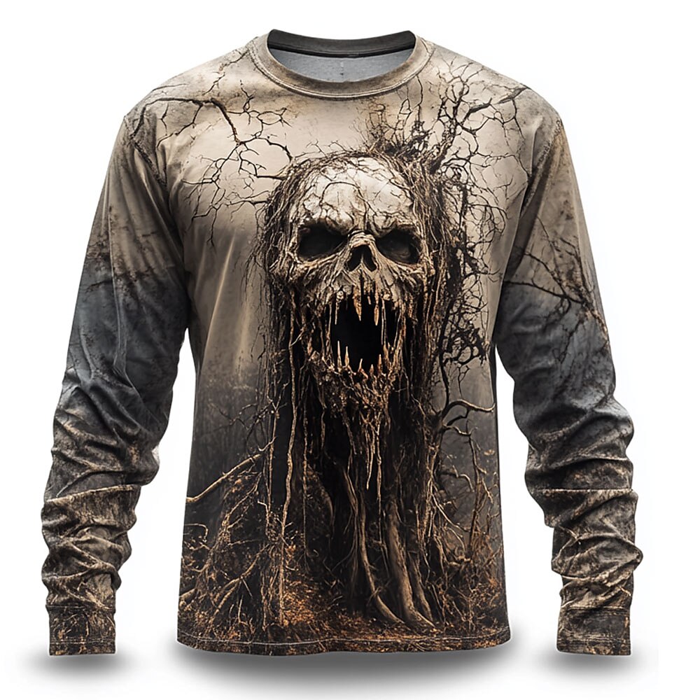 Halloween Herren Totenkopf T Shirt Langarm T-Shirt 3D-Druck Rundhalsausschnitt Hemd Grusel Strasse Casual Täglich Khaki Sommer Frühling Herbst Bekleidung S M L XL XXL XXXL Lightinthebox