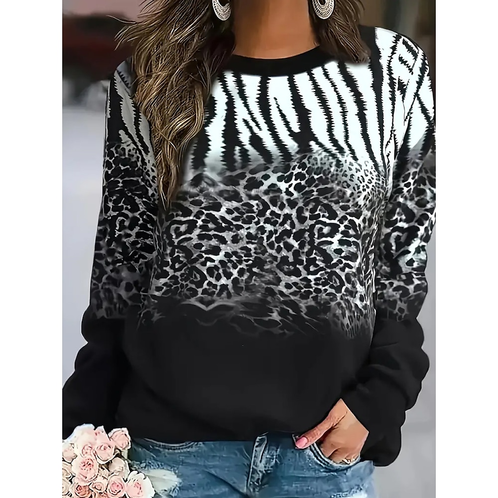 Sweatshirt für Damen mit Leoparden-Print für den Alltag, lässig, Rundhalsausschnitt, lange Ärmel, mikroelastisch, Herbst/Winter, bequem, atmungsaktiv, weicher Stoff Lightinthebox