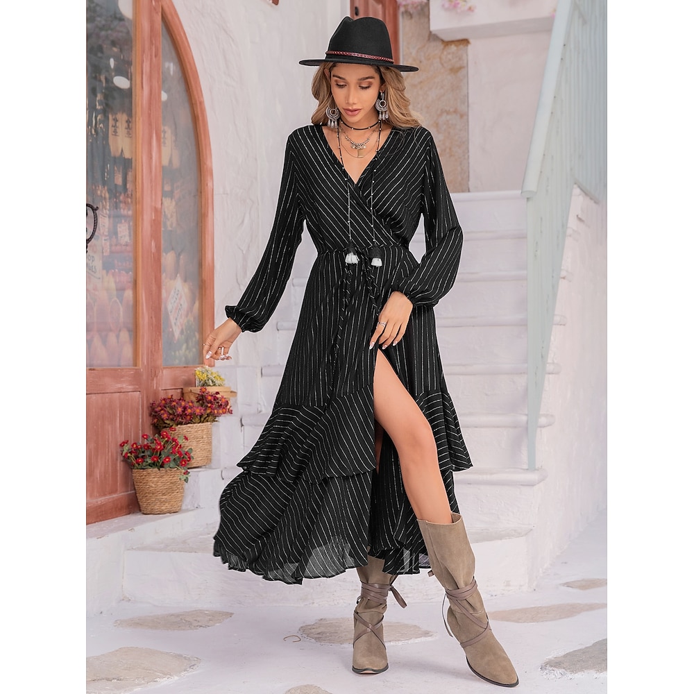 Damen Schaukelkleid Maxidress Viskose Angeschnallt Gerafft Verabredung Urlaub Brautkleider schlicht Boho V Ausschnitt Schwarz Farbe Lightinthebox