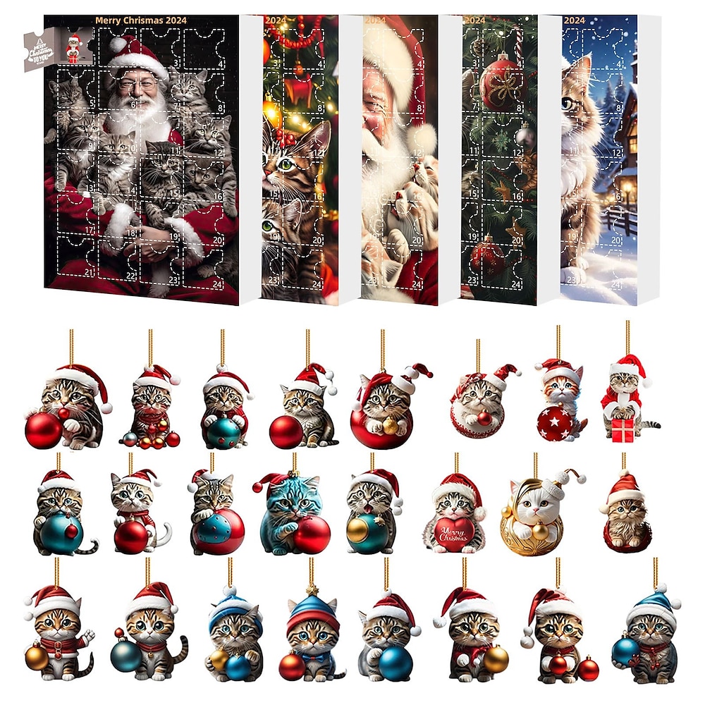 Adventskalender 2024, Weihnachts-2D-Katzenornament aus Acryl, Countdown-Kalender für Katzenliebhaber, Geschenk 2024, Weihnachts-Weihnachtsdekoration mit 24 Baumanhängern Lightinthebox