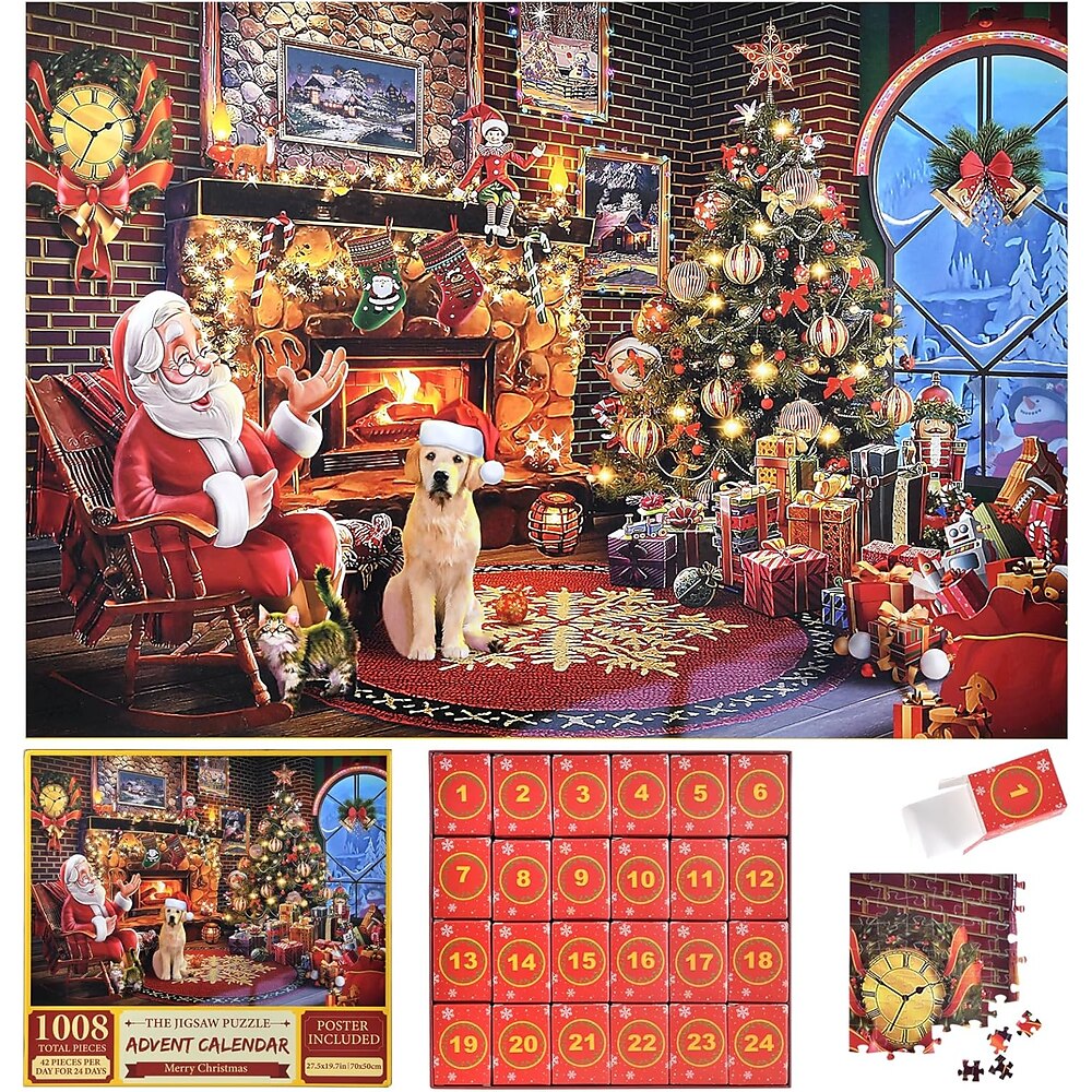 Weihnachts-Adventskalender 2024 Puzzle 1008 Teile Puzzle Weihnachtsgeschenk 24 Tage Weihnachts-Countdown-Kalender für Kinder Erwachsene Lightinthebox