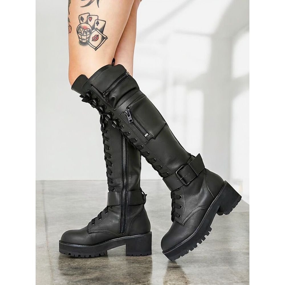 Schwarze Kampfstiefel für Damen mit Seitentaschen - Motorradstiefel mit Schnürung und dickem Absatz und Schnallenriemen, perfekt für Outdoor-Abenteuer und Streetstyle Lightinthebox