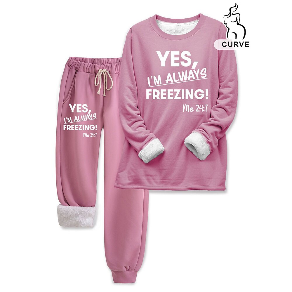 Loungewear-Set für Damen in Übergröße, flauschiges Fleece, langärmliges Oberteil und Hose mit Textdruck, bequem, lässig, Homewear, Kordelzug, einfarbig, gemütlich, für den Winter Lightinthebox