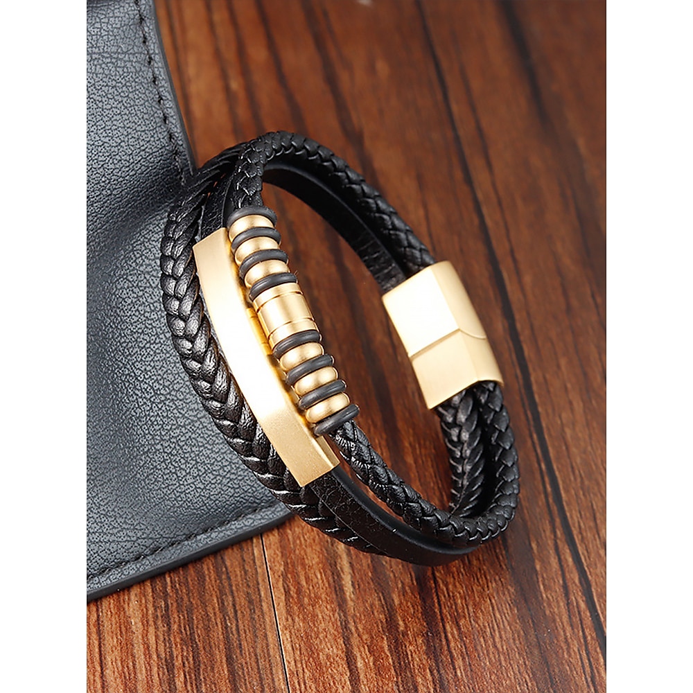 Schwarzes geflochtenes Kunstlederarmband für Herren mit goldenem Magnetverschluss - modernes, lässiges Armband mit Perlenakzenten, perfekt für den Alltag und als Geschenk Lightinthebox