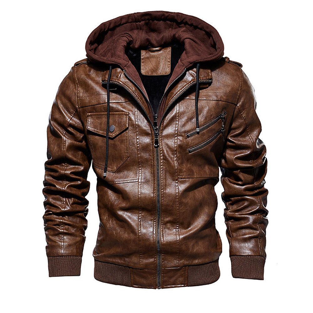 Herren Lederjacke Kunstlederjacke Motorrad Jacke Rote Lederjacke Motorradjacke Täglich Urlaub Windundurchlässig warm halten Tasche Herbst Winter Glatt Modisch Klassisch Mit Kapuze Standard Kunstleder Lightinthebox