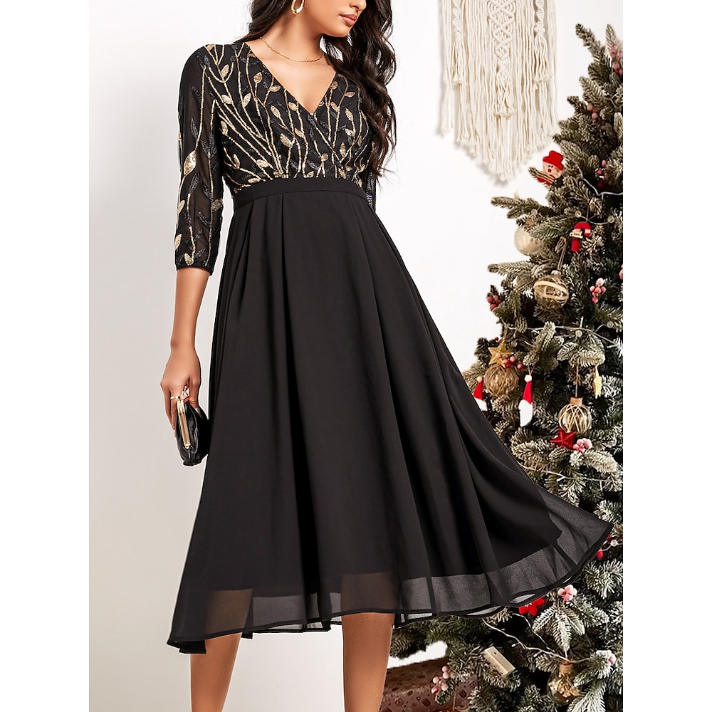 Elegantes, besticktes Damenkleid mit V-Ausschnitt in Gold und Schwarz, A-Linie, Empire-Taille, formelle Veranstaltung, Abendparty, wadenlange Dreiviertelärmel, bequeme Passform, Herbst-/Winterkleidung Lightinthebox