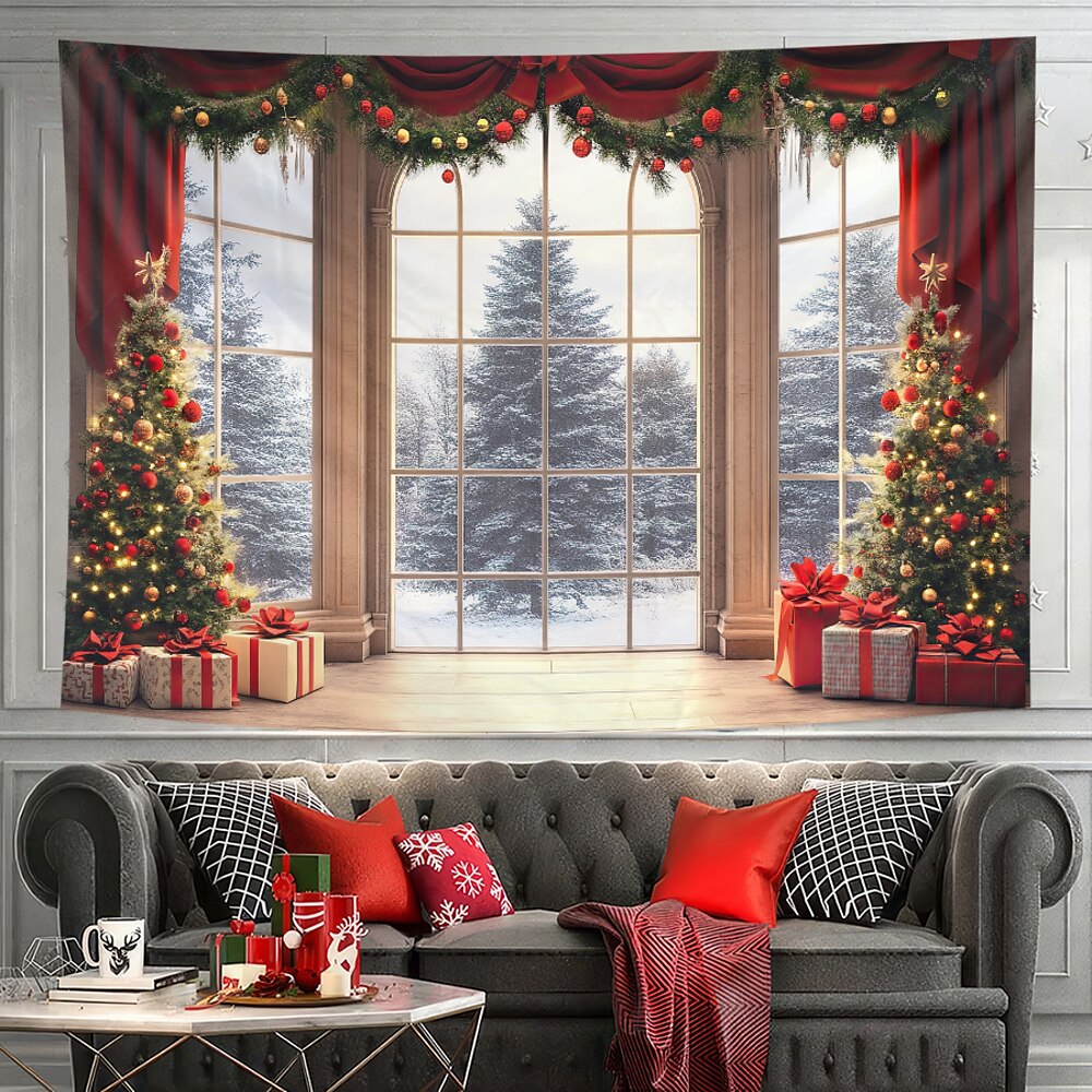 Weihnachtsdekorationen hängende Wandteppiche Wandkunst Weihnachtsvorhang Fensteransicht großer Wandteppich Wanddekor Fotografie Hintergrund Decke Vorhang Zuhause Schlafzimmer Wohnzimmer Lightinthebox