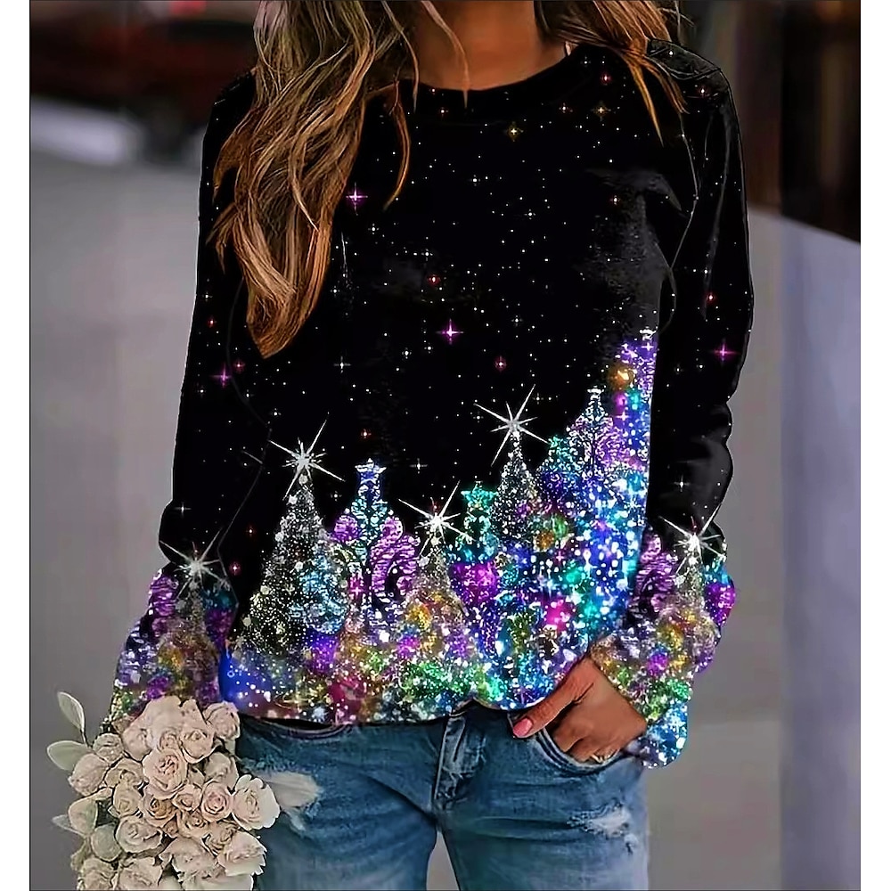 Weihnachts-Sweatshirt für Damen, langärmelig, Pailletten-Baum-Design, funkelndes, festliches schwarzes Oberteil für den Winter, lässige Urlaubsparty Lightinthebox