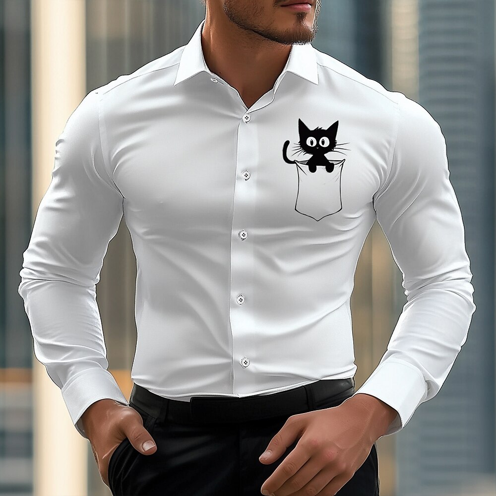 Herren Katze Lustig Hemd Oberhemd Langarm Business-Casual Strasse Tragen Sie, um zu arbeiten Freizeitskleidung Frühling Sommer Umlegekragen Bedruckt Button-Down Weiß Lightinthebox