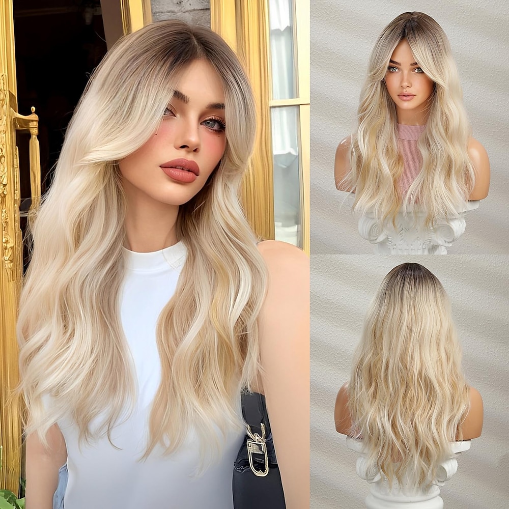 Lange blonde Ombré-Perücke mit Pony für Frauen, natürlich geschichtete, gewellte Perücken mit braunen Haarwurzeln, hitzebeständige Kunstfaser, hochdichtes lockiges Haar für den täglichen Gebrauch bei Lightinthebox