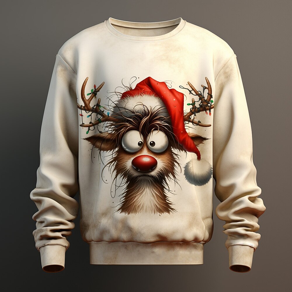 Weihnachten Herren Hirsch Sweatshirts Pullover Sweatshirt Pullover Langarm Sweatshirt mit Kapuze Rundhalsausschnitt Kuschelig 3d Drucken Party Festtage Beige Rundhalsausschnitt 3D-Druck Winter Lightinthebox