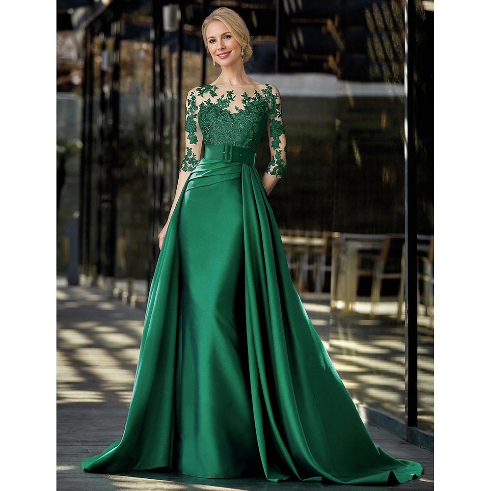 TS A-Linie Abendkleid elegantes Kleid formelle Schleppe lange Ärmel Schmuckhals Gürtel/Schärpe Satin mit Applikationen 2025 Lightinthebox