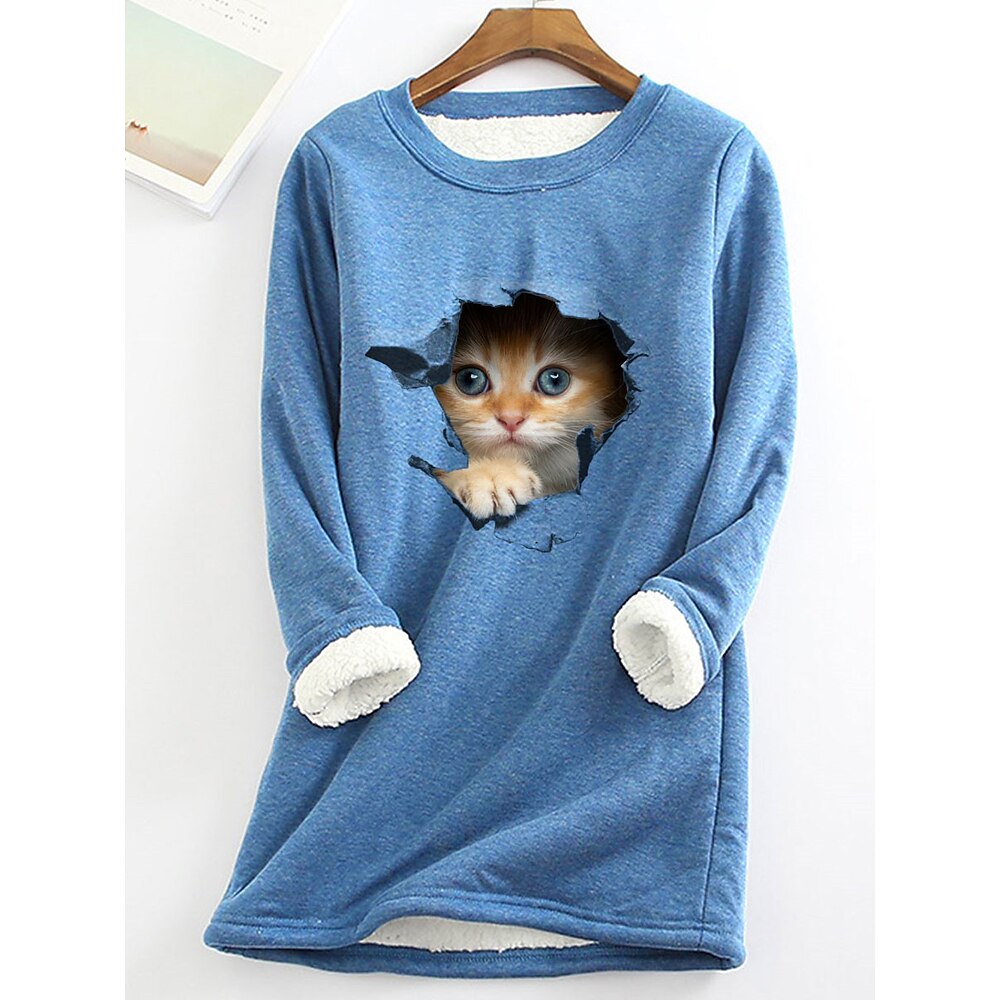 Sweatshirt für Damen, Polyester-Fleece, Katzen-Print, Street-Look, Alltagskleidung, lässig, bequem, Rundhalsausschnitt, lange Ärmel, mikroelastisch, Herbst, Winteramp;Winterkomfort, atmungsaktives, Lightinthebox