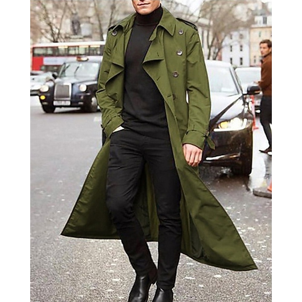 Herren Trenchcoat Langer Trenchcoat Täglich Urlaub Frühling Herbst Polyester Windundurchlässig Weich Oberbekleidung Bekleidung Modisch Klassisch Glatt Tasche Kargen Doppelreihiger Verschluss Lightinthebox