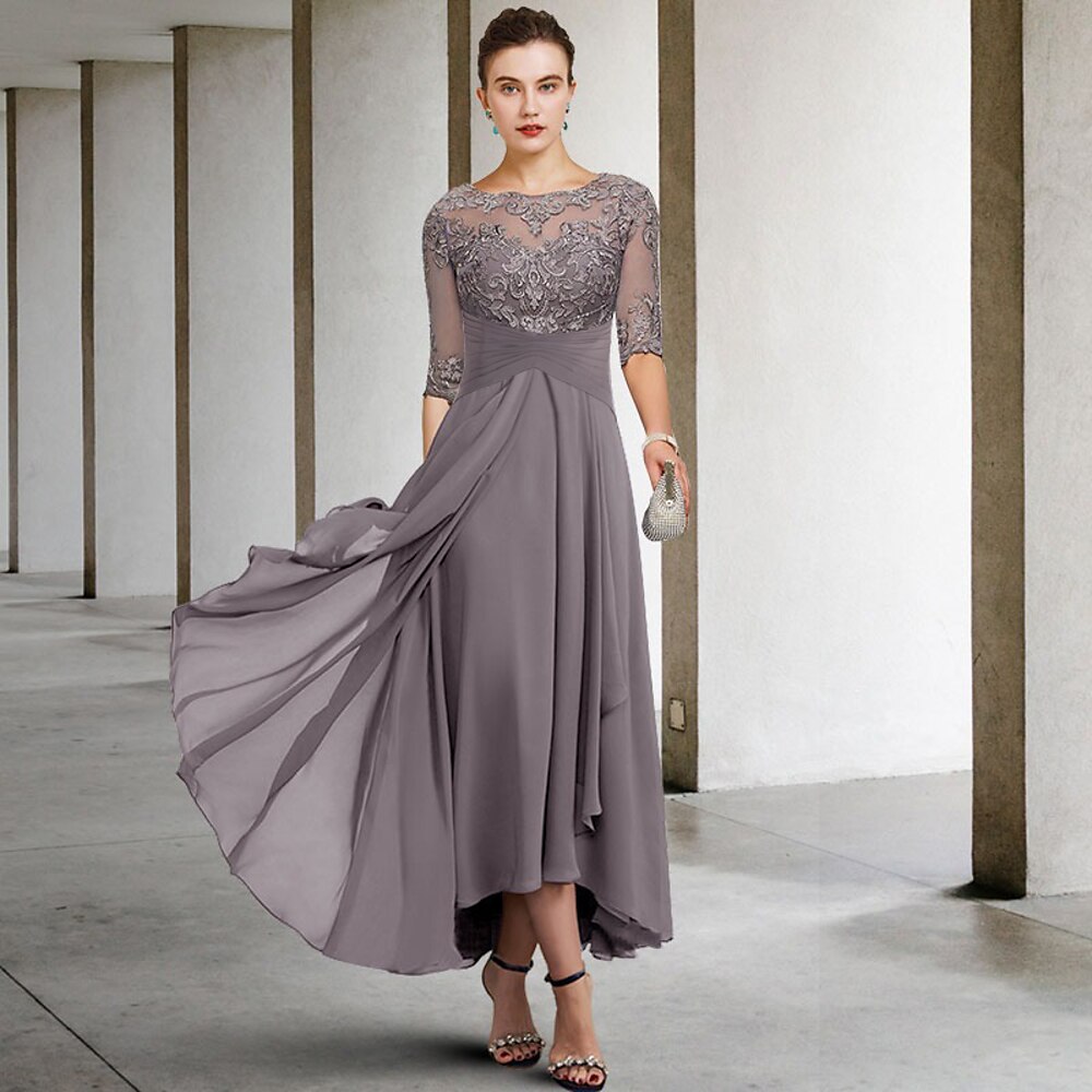 TS A-Linien-Kleid für die Mutter der Braut, Hochzeitsgast, elegant, Übergröße, hoher V-Ausschnitt, asymmetrisch, knöchellang, Chiffon, Spitze, halbe Ärmel, mit Perlenapplikationen, 2024, kostenlose Lightinthebox