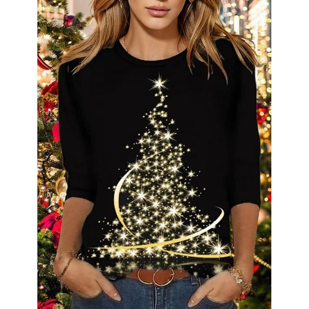 Weihnachts-Sweatshirt für Damen, langärmelig, mit glitzerndem Baum-Print, lässiger Rundhalsausschnitt, schwarzes Winter-Oberteil, bequeme weiche Kleidung, warme festliche Kleidung Lightinthebox