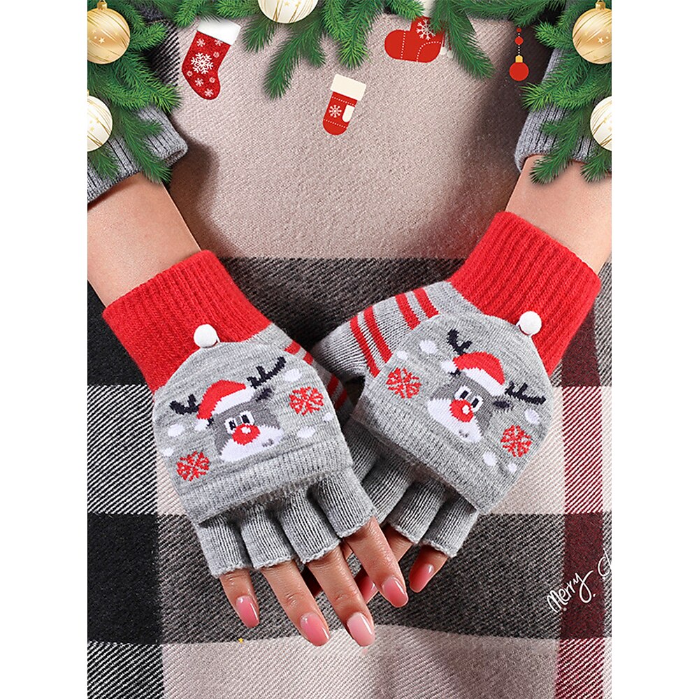 Weihnachts-Rentier-Fingerlose Handschuhe mit Klappfäustlingen - warme gestrickte Winter-Ferienhandschuhe für Frauen und Mädchen Lightinthebox