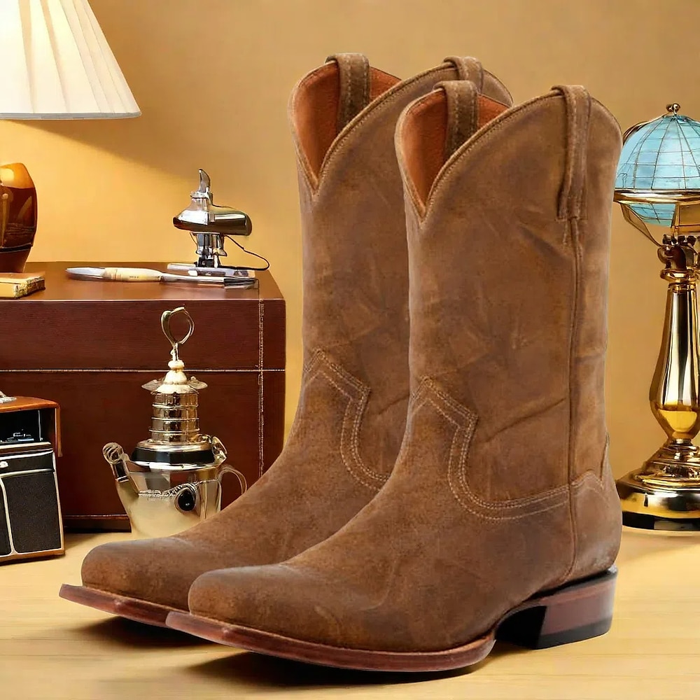 Herren-Western-Cowboystiefel aus Kunstleder im Vintage-Stil - klassisches Design mit quadratischer Zehenpartie für Rodeo, Ranch und Freizeitkleidung Lightinthebox