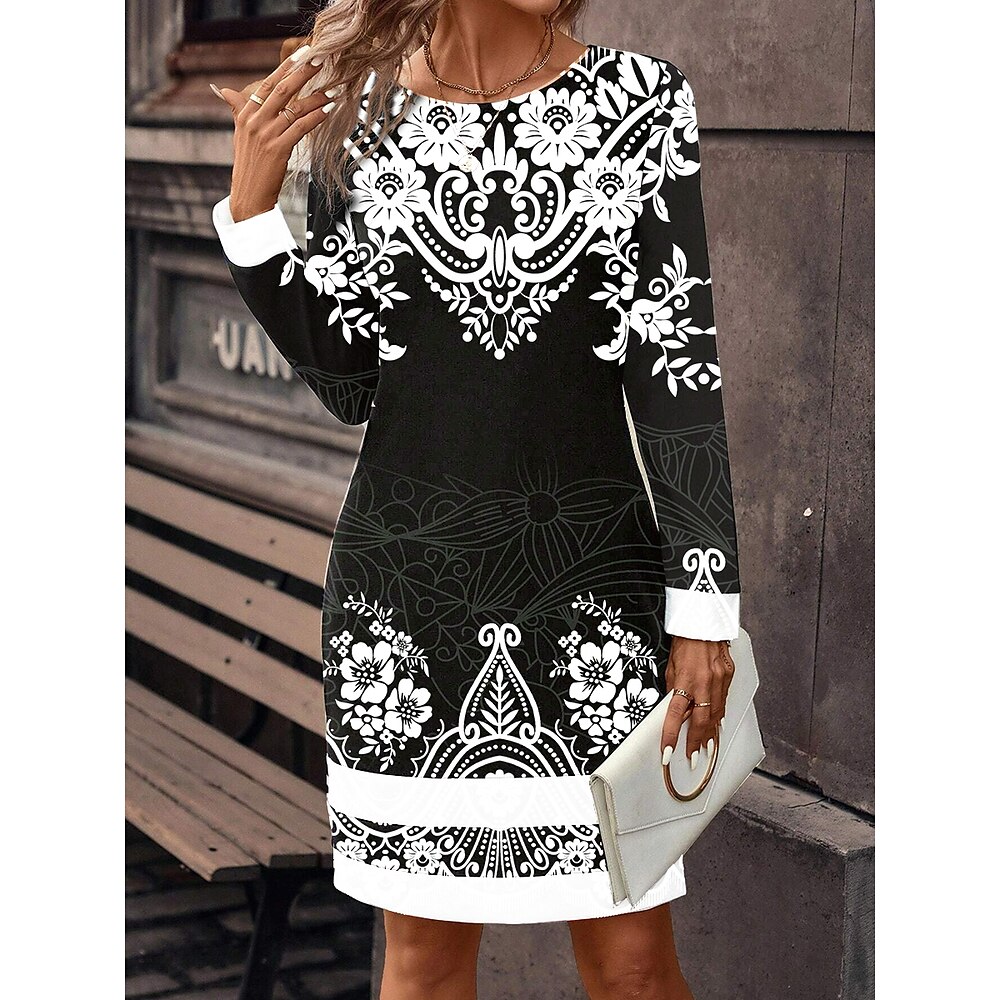 Damen Sweatshirt Kleid Blumen Kontrast Schwarz Weiß Knielang Rundhals Langarm Stretch Elegant Party Abendmode Lightinthebox