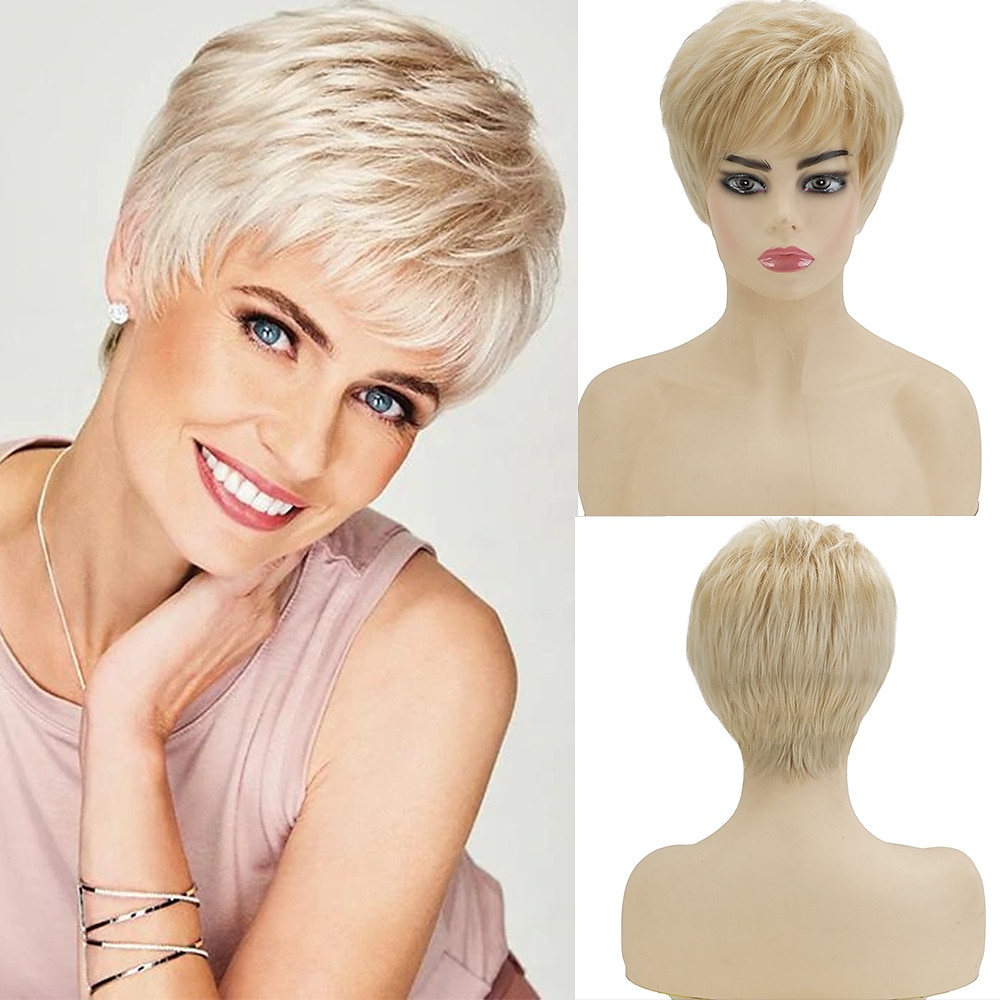 kurze blonde Pixie-Perücke für Frauen, geschichtete natürliche synthetische Perücke mit Pony, hitzebeständige Ersatz-Cosplay-Perücke Lightinthebox