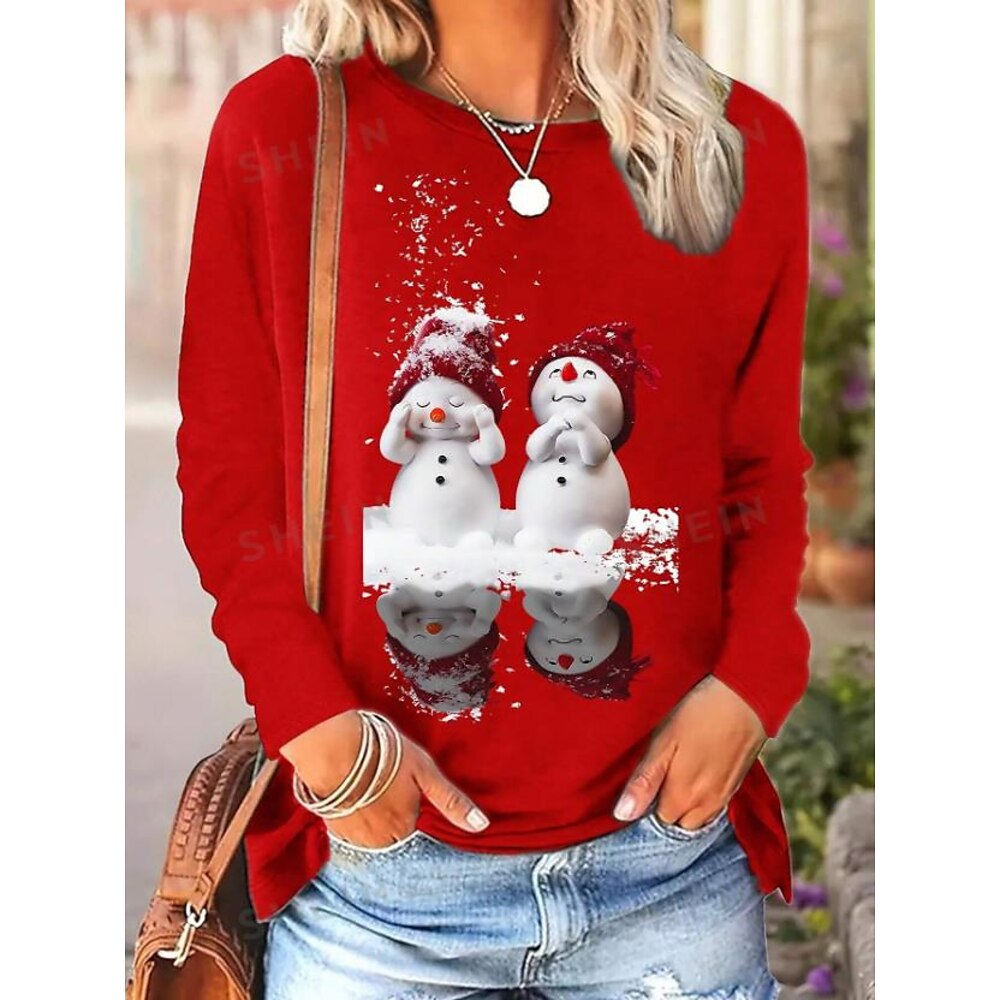 Weihnachts-Sweatshirt für Damen, Rundhalsausschnitt, roter Schneemann-Aufdruck, langärmelig, festlicher Pullover für den Winter, lässig, bequem, warm, gemütlich, normale Passform, Größen verfügbar, Lightinthebox